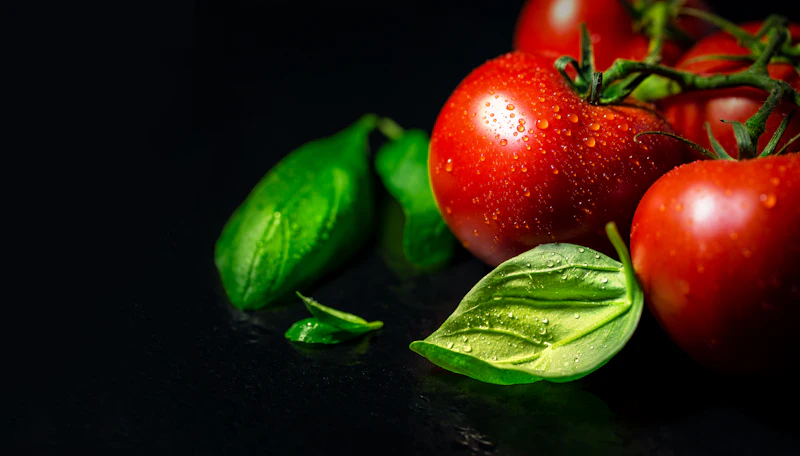 Tomates et feuilles de basilic sur fond sombre